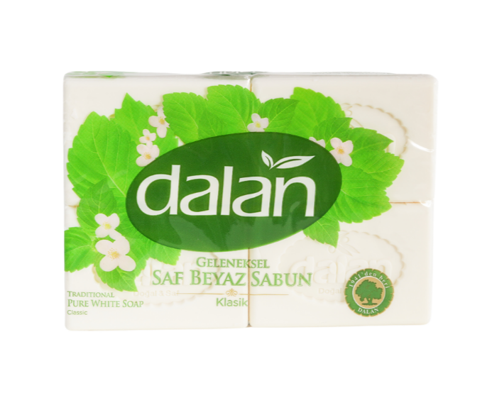 Dalan Pure Soap White 600g (4x150g) – Olive oil-based soap for gentle cleansing and nourishment for skin and hair.