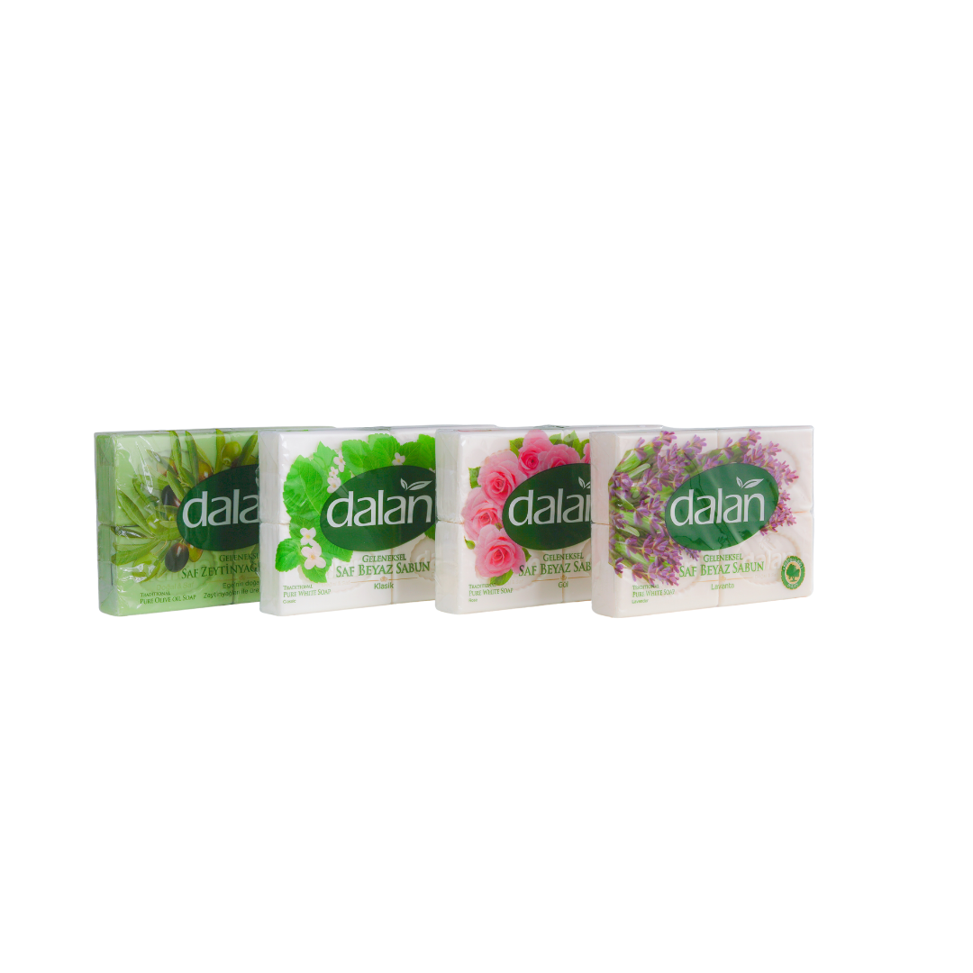 Dalan Pure Soap White 600g (4x150g) – Olive oil-based soap for gentle cleansing and nourishment for skin and hair.
