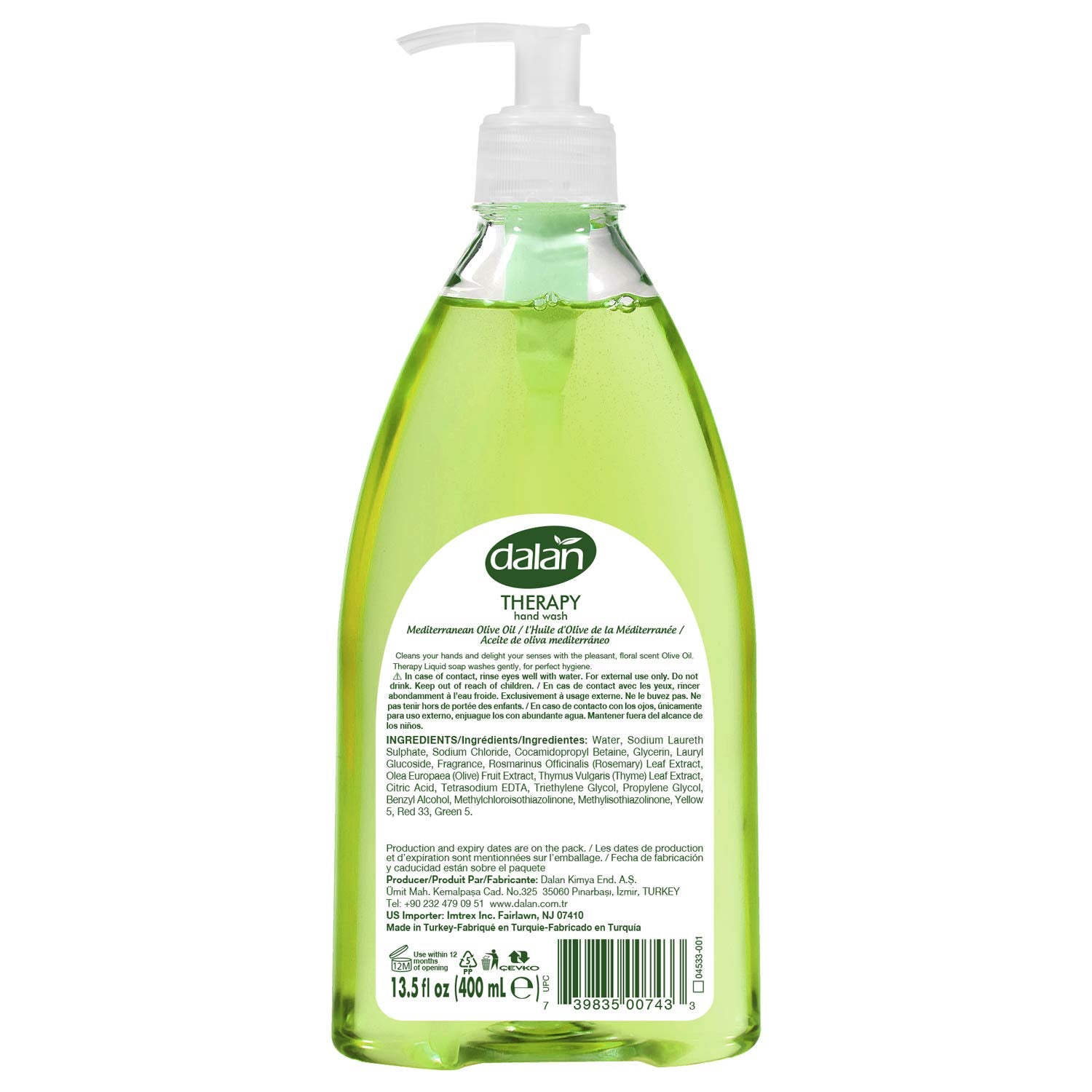 Dalan Therapy Mediterranean Olive Oil Liquid Hand Soap 400mL – Moisturizing hand soap with Mediterranean olive oil for soft, nourished skin.