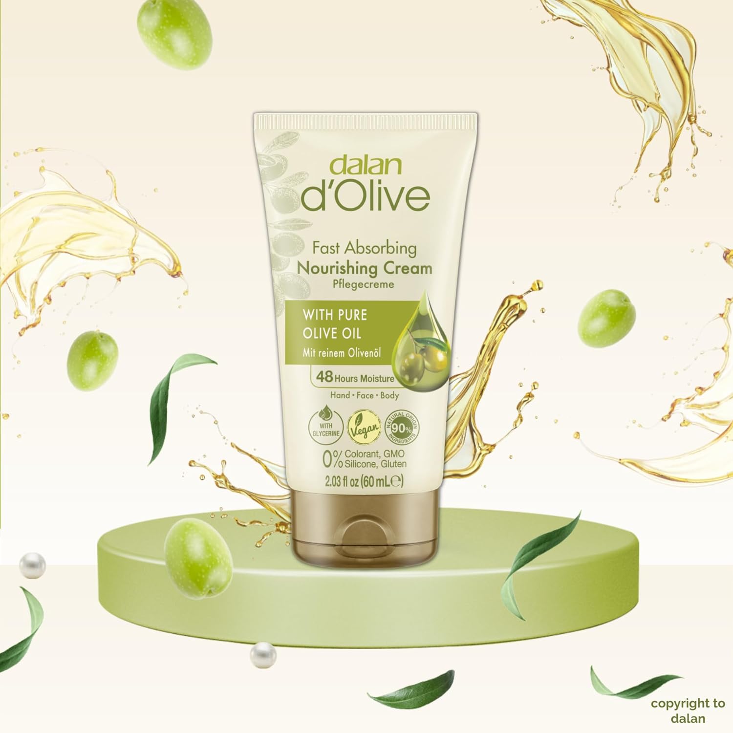 Dalan Vegan Face Cream 60mL – Lightweight, hydrating face cream with olive oil and glycerine for soft, nourished skin