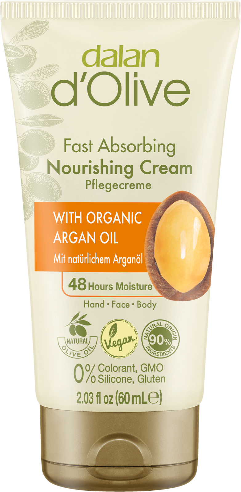 Dalan Vegan Face Cream 60mL – Lightweight, hydrating face cream with olive oil and glycerine for smooth, nourished skin.