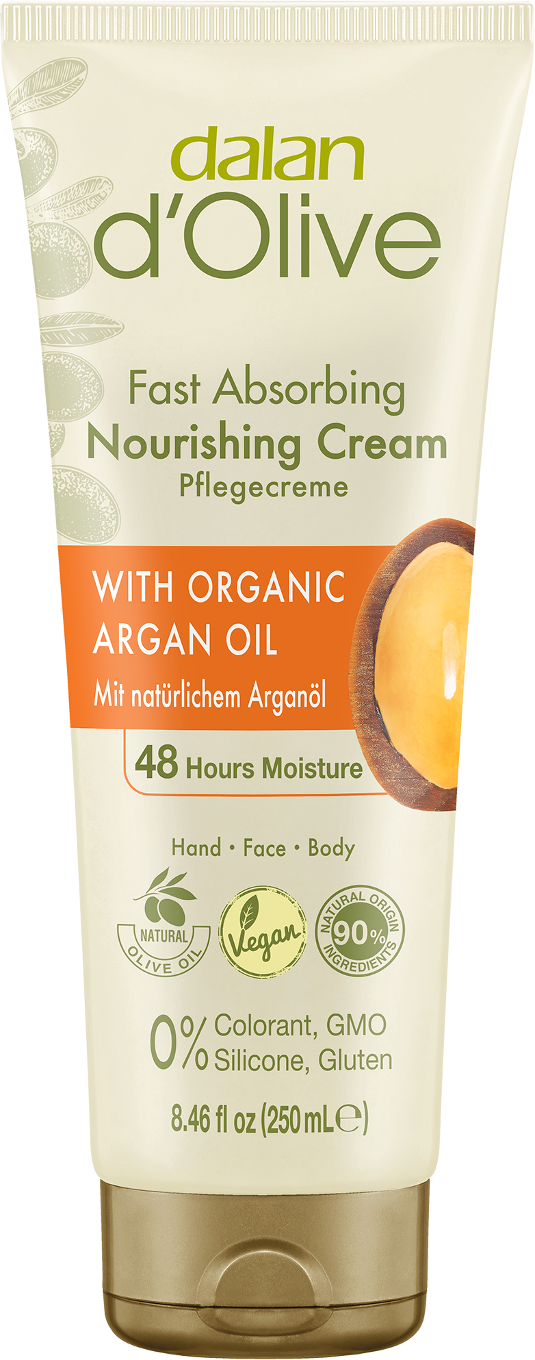 Dalan d’Olive Nourishing Hand & Body Cream 250mL – Hydrating hand and body cream with olive oil and organic argan oil for soft, nourished skin.