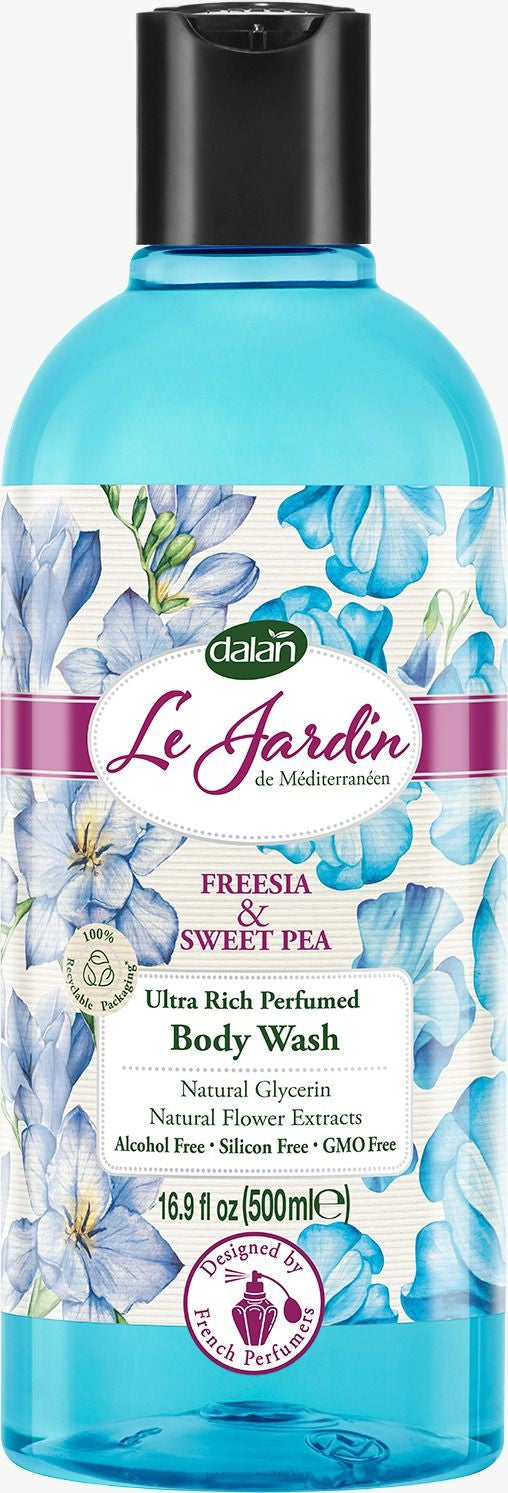 Le Jardin Freesia & Sweet Pea Body Wash 500mL – Floral body wash with freesia and sweet pea fragrance for soft, nourished skin.
