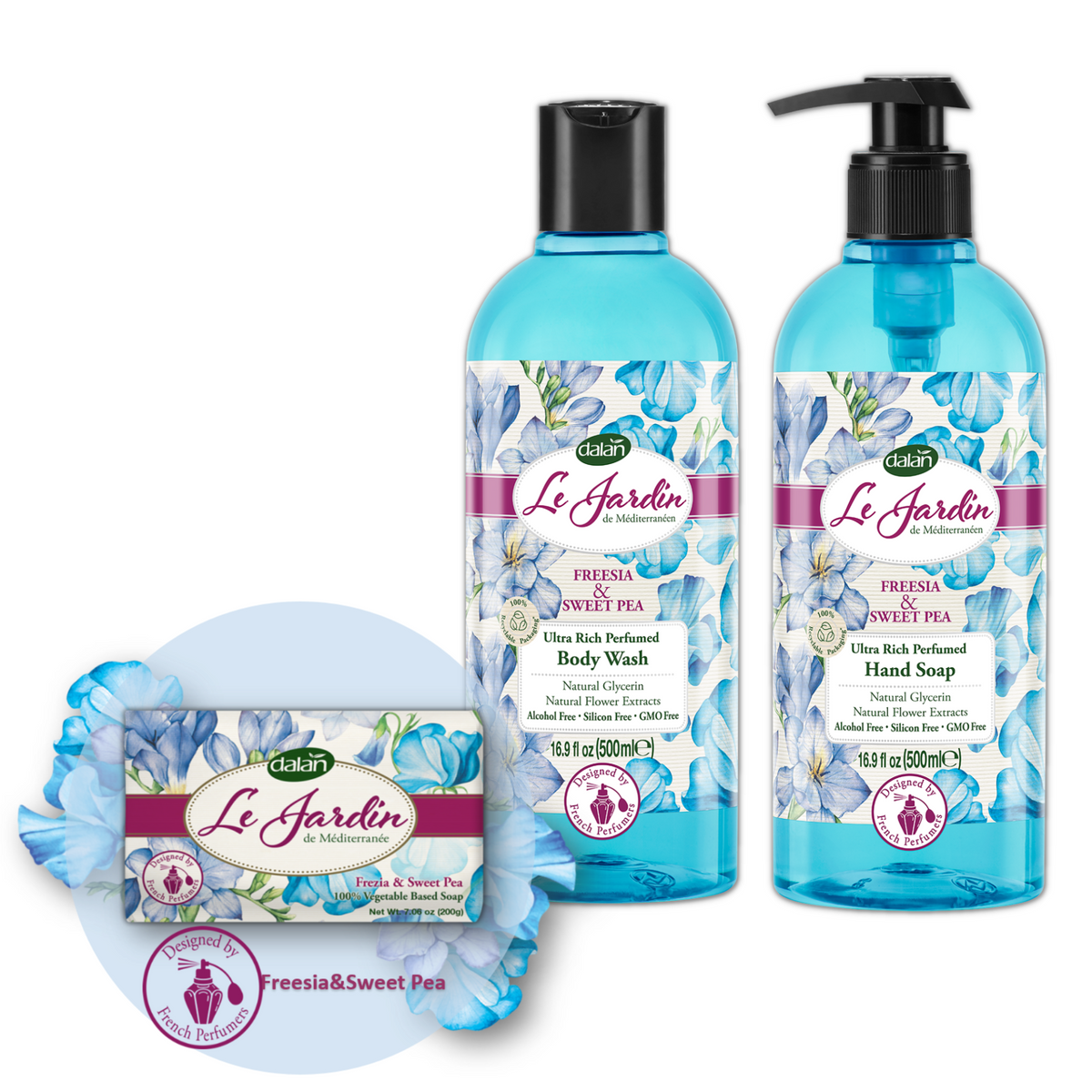 Le Jardin Freesia & Sweet Pea Hand Wash 500mL – Floral body wash with freesia and sweet pea fragrance for soft, hydrated skin.