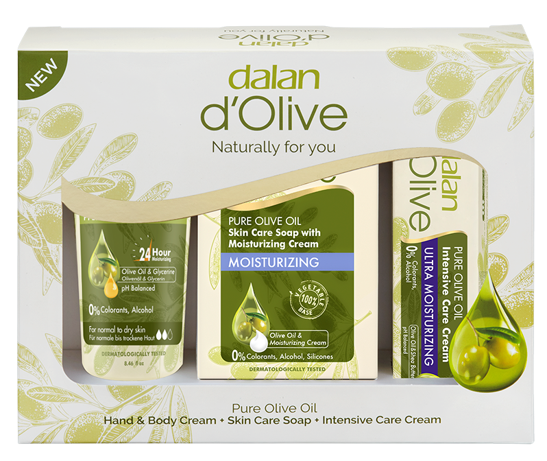 Dalan D’Olive Moisturizer & Intensive Care Set – Hydrating skincare set with moisturizer, intensive care cream, and moisturizing soap for smooth, nourished skin.