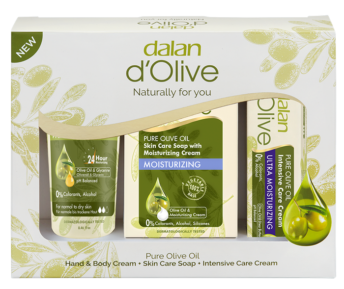 Dalan D’Olive Moisturizer & Intensive Care Set – Hydrating skincare set with moisturizer, intensive care cream, and moisturizing soap for smooth, nourished skin.