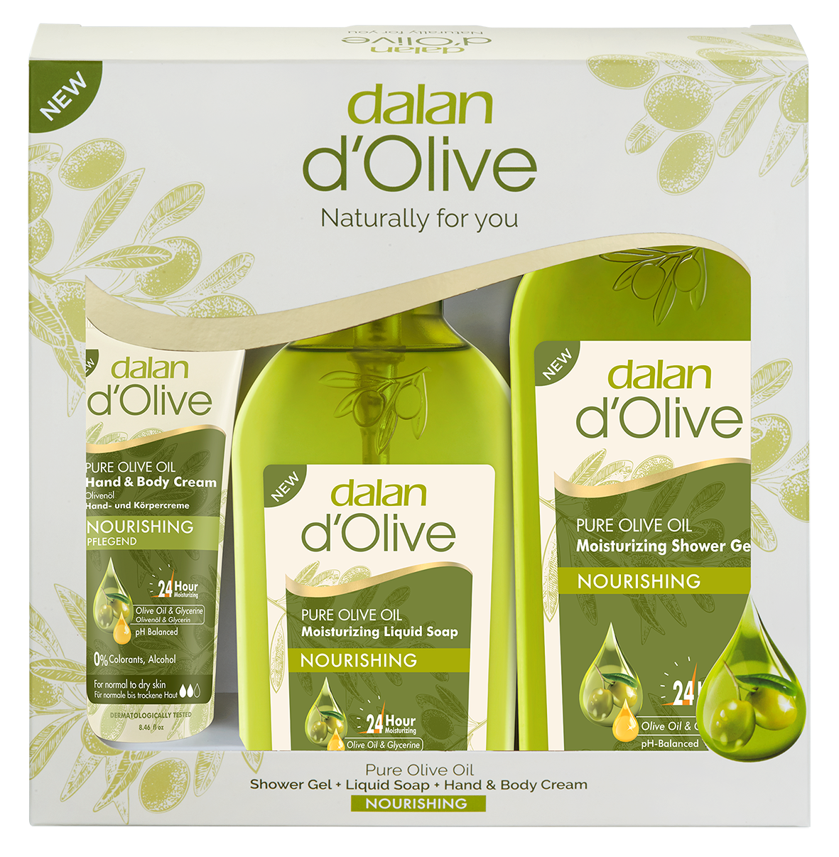 Dalan D'Olive Moisture Hand & Body Gift Pack (Hand & Body Cream 75mL+ Hand Wash 300ml+ Shower Gel 400ml)
