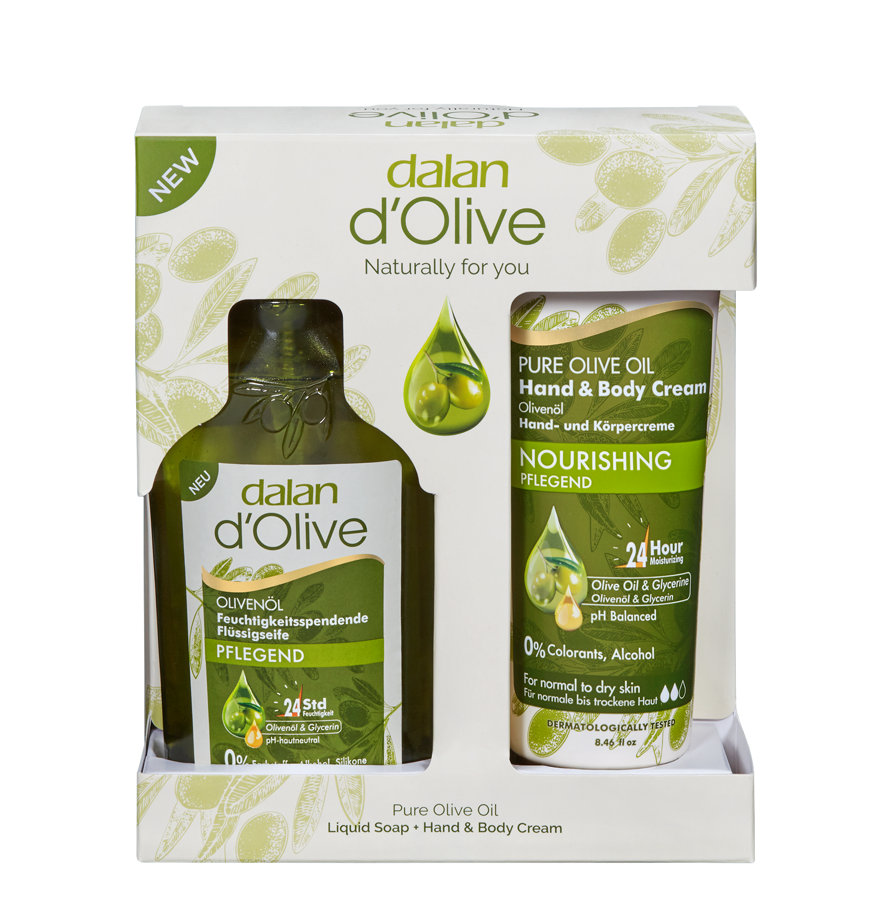 Dalan D’Olive Hand Wash & Moisture Gift Set – 300mL hand wash and 250mL hand & body cream for soft, moisturized hands.