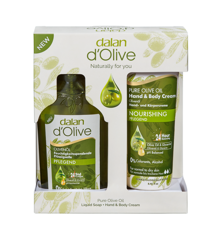 Dalan D’Olive Hand Wash & Moisture Gift Set – 300mL hand wash and 250mL hand & body cream for soft, moisturized hands.